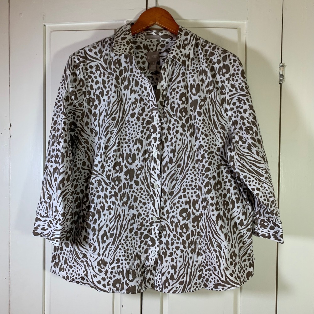 Chicos 3 Animal Print Button Down Shirt Brown White‎ Wrinkle Resistant Cotton XL
